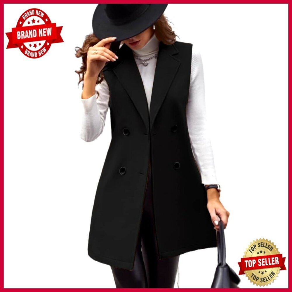 Women's Wool Blend Sleeveless Vest Blazer Double Breasted Trench Coat